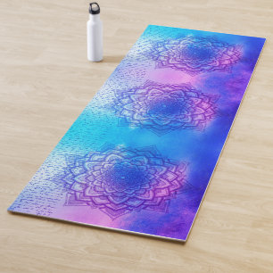 Tapis De Yoga Vibrant lotus mandala pastels rose bleu