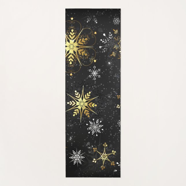 Tapis De Yoga Xmas Golden Snowflakes on Black Background (Devant)