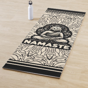 Tapis De Yoga Yoga namaste chat Bouddha. Crème et noir