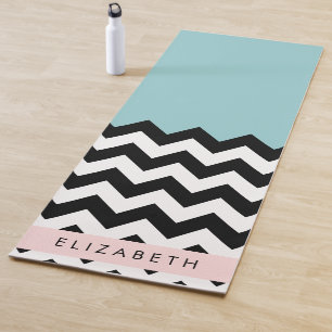 Tapis De Yoga Zigzag noir et blanc, Chevron, Bleu, Votre nom