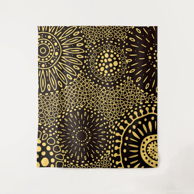 Tapisserie à motif floral ethnique noir et or vint (Devant)