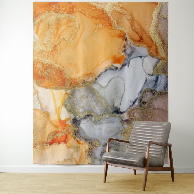 Tapisserie Abstraite Orange Grey Gold (En situation)