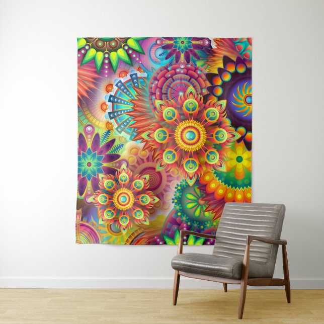 Tapisserie Abstraite rouge orange violet vert (En situation)
