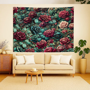 Tapisserie Art Nouveau rose grimpante sarcelle or