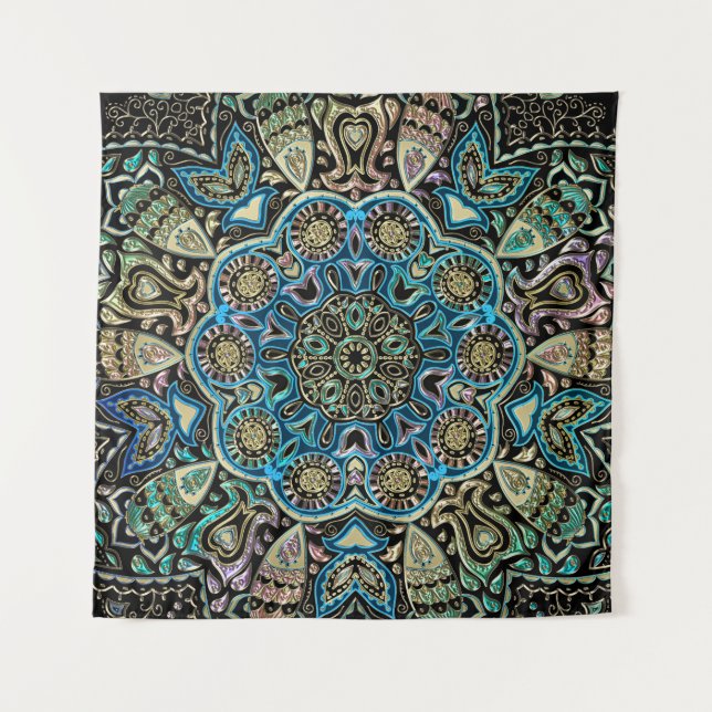 Tapisserie bleue de mur de mandala d'or vert (Devant)