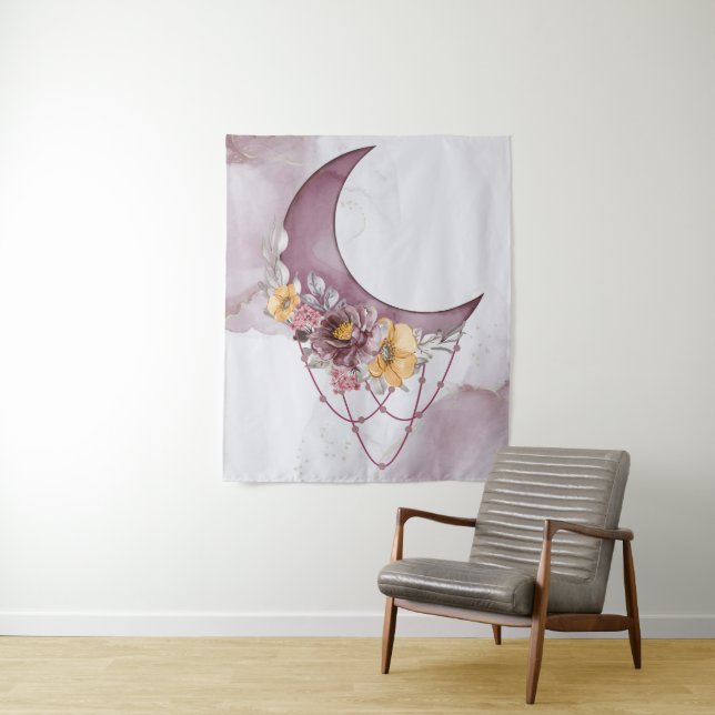 Tapisserie Boho Aquarelle Lune Attrape-Rêves (En situation)
