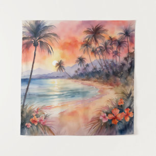 Tapisserie Coucher de soleil rose orange Palmiers