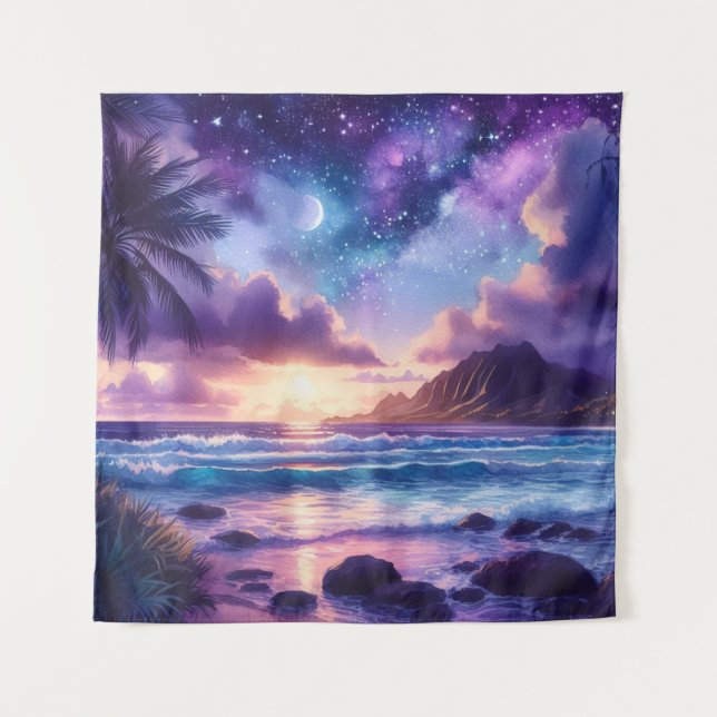Tapisserie Coucher de soleil violet Plage tropical (Devant)