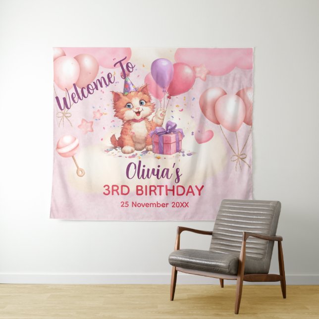 Tapisserie d'anniversaire pour chat Kitty (En situation (horizontale))