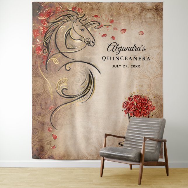 Tapisserie de fond rustique Cheval Or Rouge (En situation)