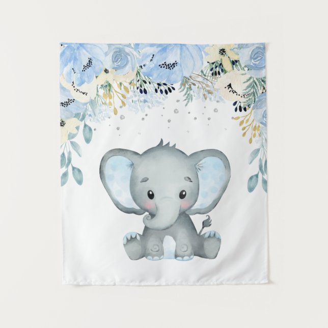 Tapisserie de nursery pour bébé éléphant floral bl (Devant)