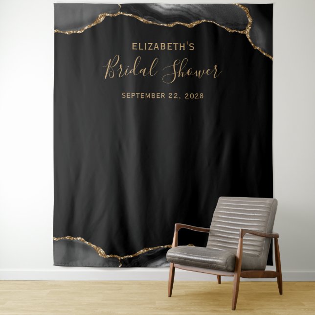 Tapisserie de stand photo de mariage noir or agate (En situation)