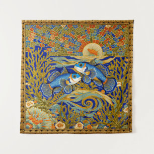 Tapisserie de style rétro Poisson Mandarin bleu