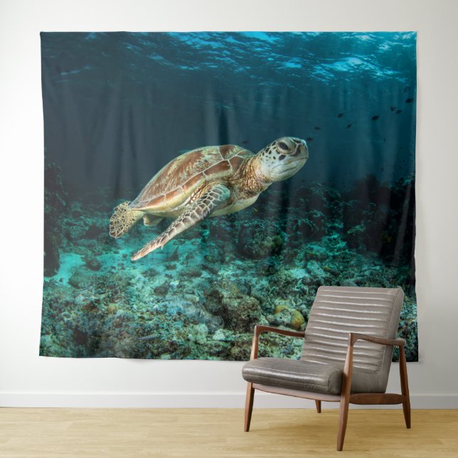 Tapisserie de tortues de mer bleu (En situation (horizontale))