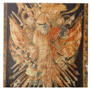 Tapisserie, die Kriegstrophäen (Gewebe, darstellt) Fliese