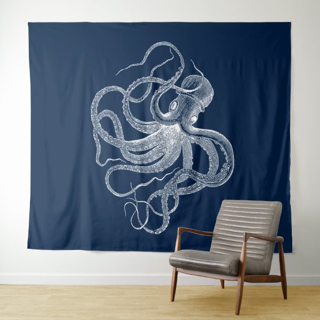 Tapisserie d'illustration de poulpe blanche (En situation (horizontale))