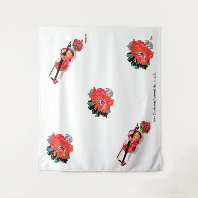Tapisserie : HAWAIIAN RED HIBISKUS with VIOLIN Wandteppich (Vorderseite)