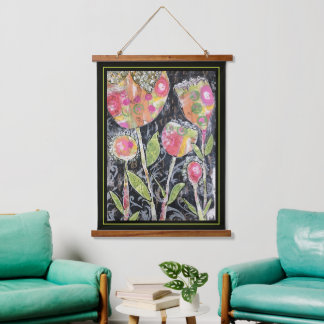 Tapisserie - Mixed Media Blumen Wandteppich Mit Holzrahmen