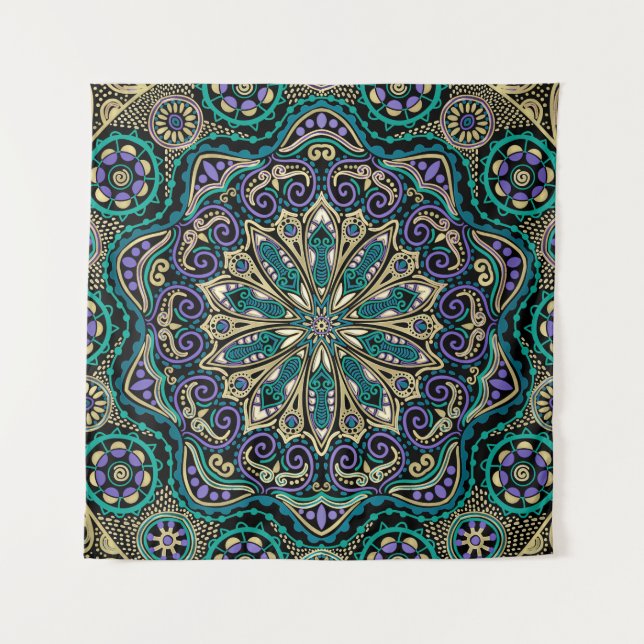 Tapisserie pourpre verte de mur de mandala de noir (Devant)