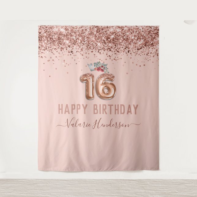 Tapisserie Rose Gold Pink Joyeux 16e Anniversaire (Devant)