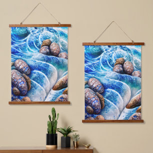 Tapisserie Suspendue Abstrait Blue Ocean Wave Marble Agate Gold Art