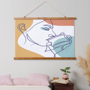 Tapisserie Suspendue affiche de dessin au trait d'une femme buvant du c