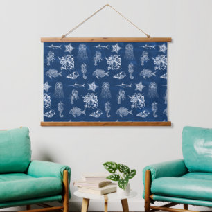 Tapisserie Suspendue Aquarelle bleu marine Océan Animaux marins