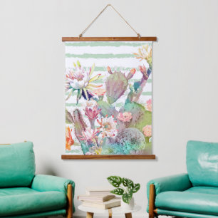 Tapisserie Suspendue Aquarelle Cactus Floral Stripes Design