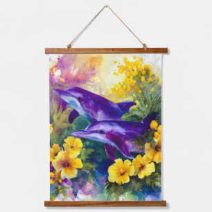 Tapisserie Suspendue Aquarelle Océan Dauphins Fleurs Tropicales