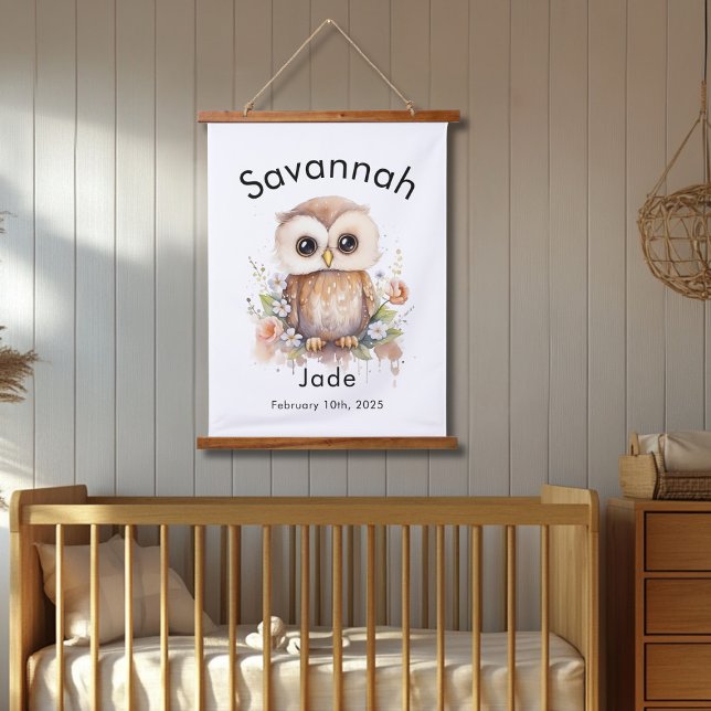 Tapisserie Suspendue Aquarelle personnalisée Chouette de bébé Nom et mu (Créateur téléchargé)