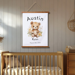 Tapisserie Suspendue Aquarelle personnalisée Nom de l'ours de bébé et m