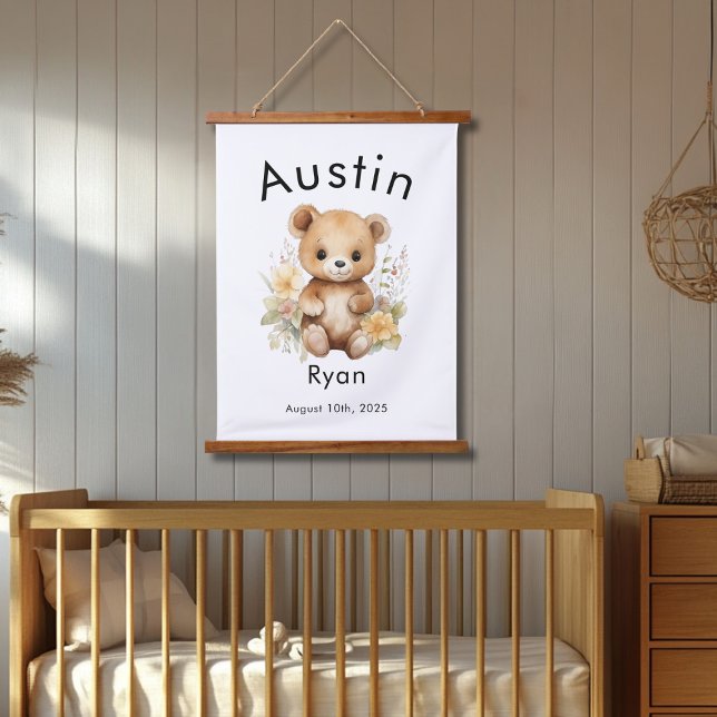 Tapisserie Suspendue Aquarelle personnalisée Nom de l'ours de bébé et m (Créateur téléchargé)