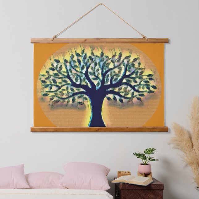 Tapisserie Suspendue Arbre face jaune paysage aquarelle (Chambre à coucher)