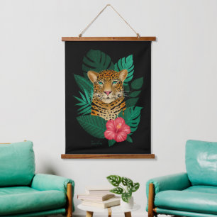 Tapisserie Suspendue Art Floral Jungle Leopard élégant Noir vert