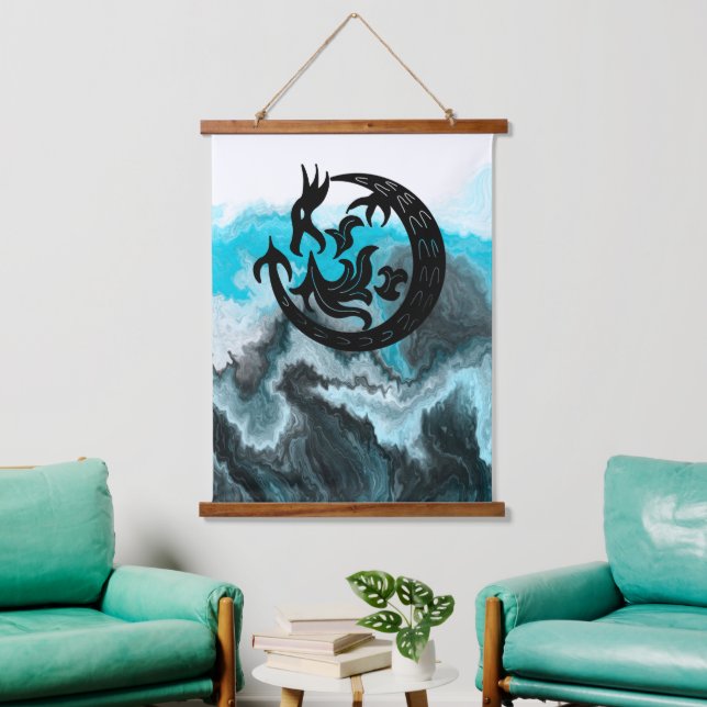 Tapisserie Suspendue Art fluide de dragon bleu et Marbre blanc (Salon)