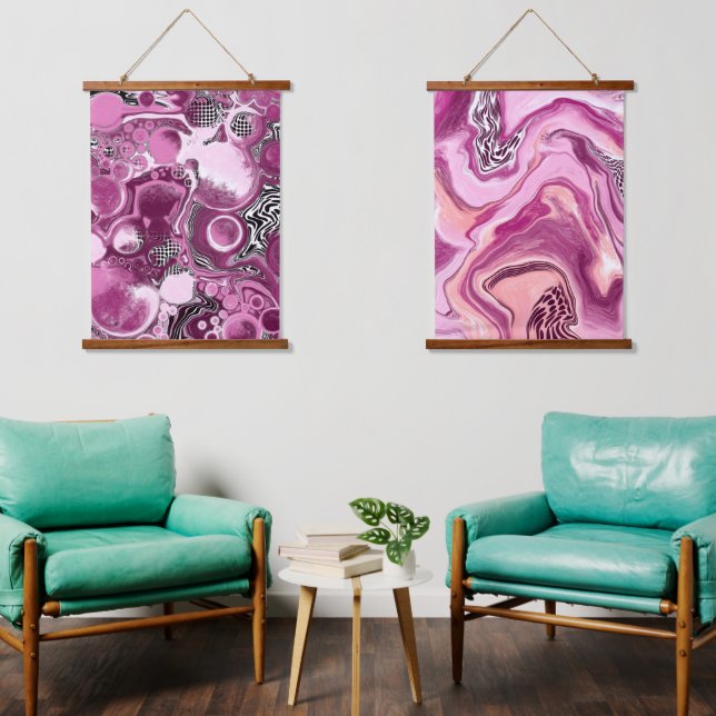 Tapisserie Suspendue Art fluide en marbre rose, mauve et magenta (Salon)