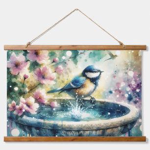 Tapisserie Suspendue Bain d'oiseau de printemps à l'aquarelle