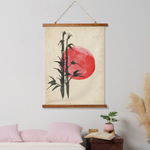 Tapisserie Suspendue Bambou devant un soleil rouge