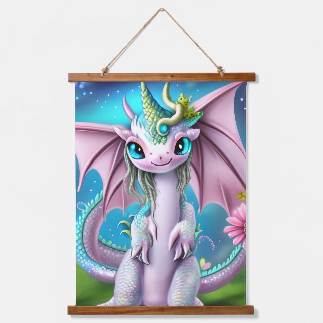 Tapisserie Suspendue Bébé mignon et souriant Dragon aux fleurs (Recto)