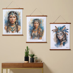 Tapisserie Suspendue Belle femme boho amérindienne avec bijoux
