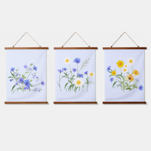 Tapisserie Suspendue Bleu botanique Blanc Jaune Fleur sauvage