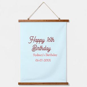 Tapisserie Suspendue Bleu pastel rouge joyeux 16e anniversaire nom date