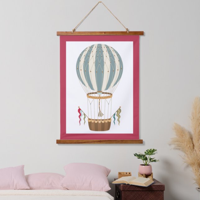 Tapisserie Suspendue Bleu rayé et blanc Steampunk Hot Air Balloon (Chambre à coucher)