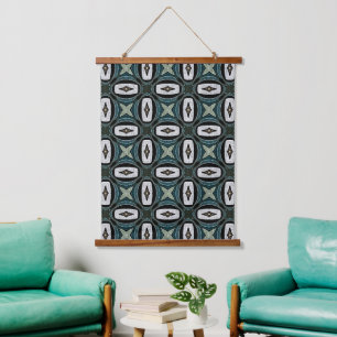 Tapisserie Suspendue Bleu Turquoise foncé gris vert blanc Art tribal