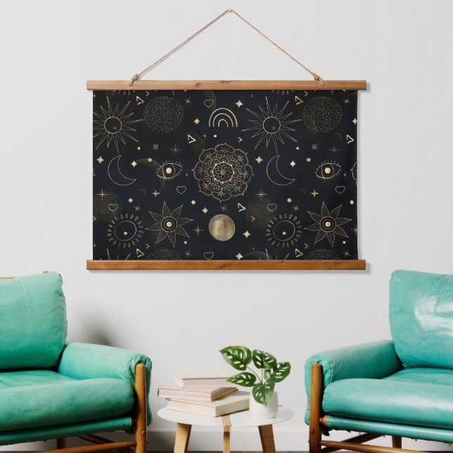 Tapisserie Suspendue Boho Gold Space doodles Black Design (Salon)
