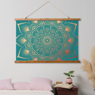 Tapisserie Suspendue Boho Peach Turquoise Mandala Bois haché
