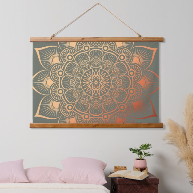 Tapisserie Suspendue Boho Sage Green Peach Mandala Wood Tourné (Chambre à coucher)