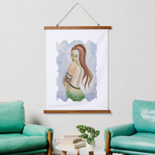 Tapisserie Suspendue Boho Sirène Aquarelle Bois Tourné