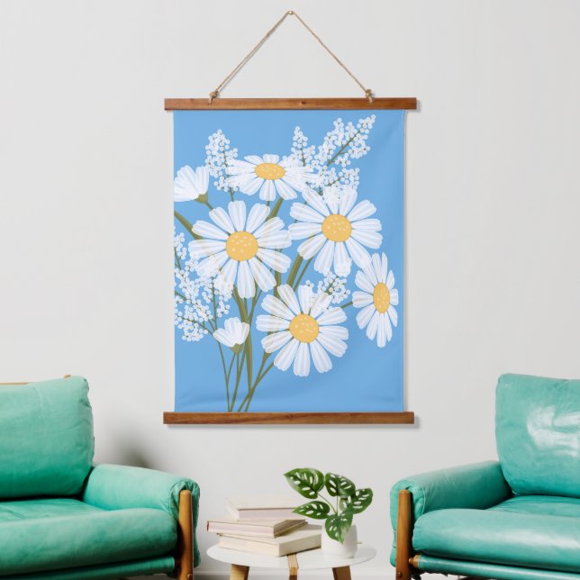 Tapisserie Suspendue Bouquet de fleurs marguerites blanches sur bleu (Salon)