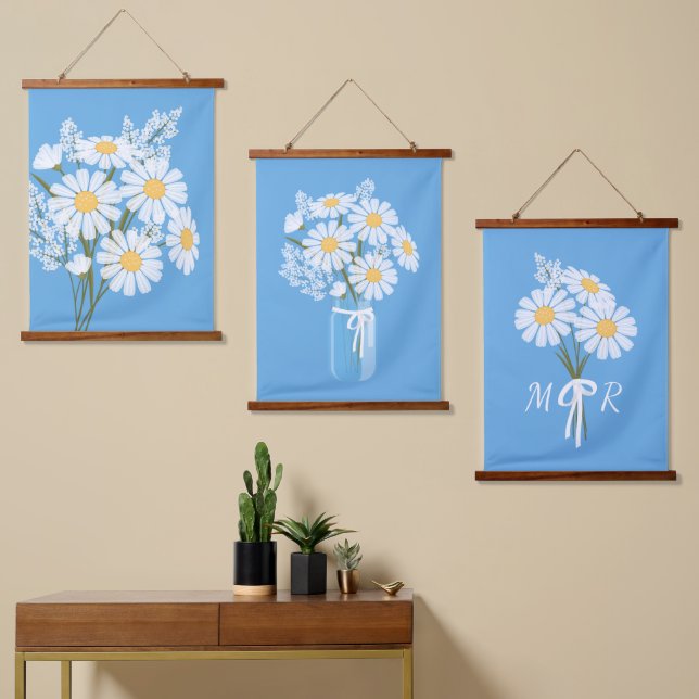 Tapisserie Suspendue Bouquet de Fleurs marguerites blanches sur Bleu Se (Asymétrique)